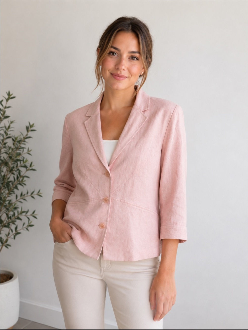 Jones Wear Pink Linen Blend Blazer Jacket Women’s Size 10 3/4 Sleeve Career